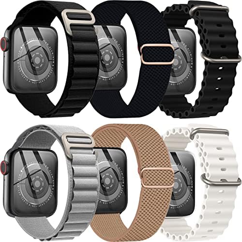 6 Banda de embalagem - Loop alpino+banda oceânica+banda de nylon elástica compatível com a banda Apple Watch Band 42mm 44mm 45mm 49mm para homens mulheres, cinta esportiva ajustável para a série Iwatch Ultra/8/7/6/5/4/4/3/2/1/1/1/1/ SE
