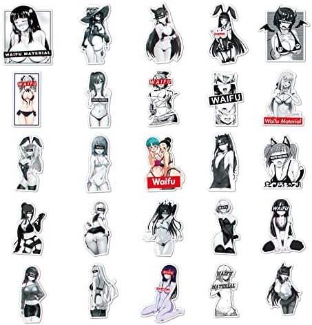 50 PCs Adesivos de adesivos de anime Waifu de anime preto e branco, pacote de adesivos de anime Waifu, pacote