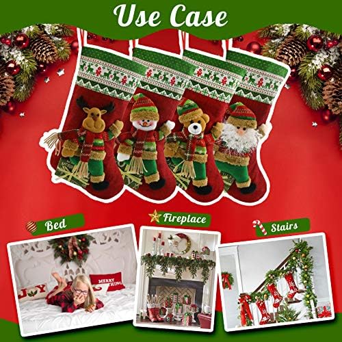 Houwsbaby Conjunto de 4 meias de Natal Kit 3d Santa Snowman Urso Rena de linho Soldadores de ornamentos para festas de Natal Family, Red, 18,5 polegadas
