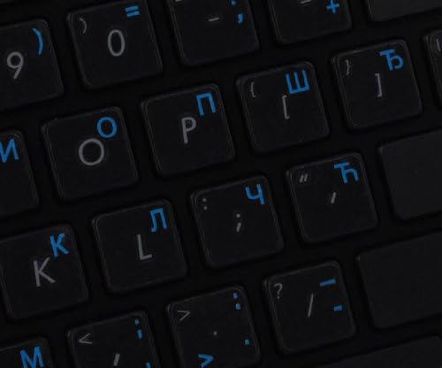 Decalques do teclado sérvio em fundo transparente com letras azuis, laranja, vermelha, branca ou amarela