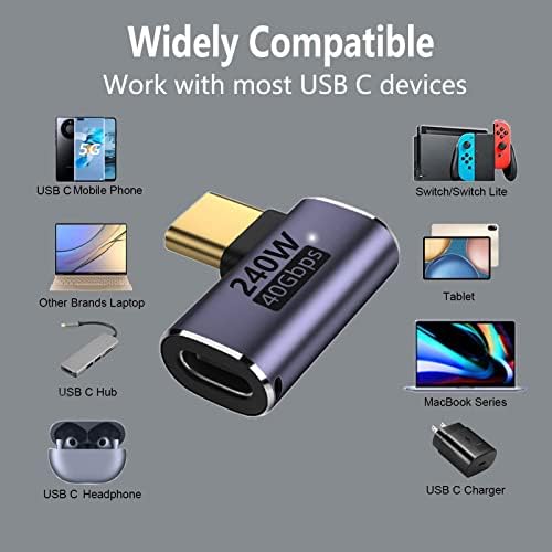 Adaptador de 90 graus Yunkozand USB C 90, USB C Adaptador de ângulo reto com 40 Gbps PD 240W 8K@60Hz Charge