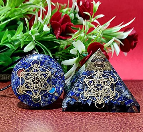 Sawcart Metatron Grid Lapis Lazuli Orgone Pirâmide e Cubo de Metatron Merkaba com 7 Chakra Cristais Orgone