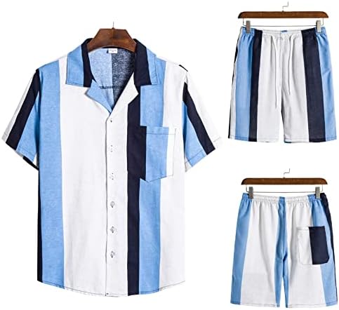 Masculino de traje casual de duas peças para baixo colorblock listrado camisa de lapela de cordão de cintura média de cintura curta 3 com