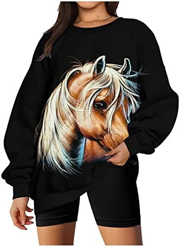 Camisa raglan de grandes dimensões femininas com estampa de cavalo da moda moletons casuais de pulloto de ombro solto de ombro de manga longa de manga longa