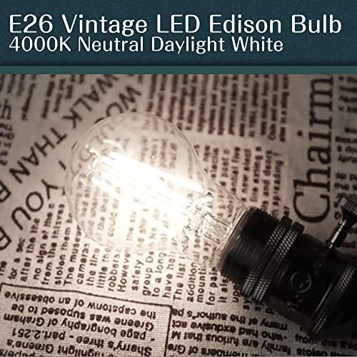 Axotexe E26 Bulbos Edison de 60 watts Filamento LED Bulbos vintage, 4000k Neutro Daylight White, diminua 8W 800lm A19 Antique E26 LED Bulbo, UL listado, 6-pacote