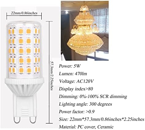 Edearkar G9 Lâmpada LED de lâmpada prejudicável 5W, LED 90pcs, ângulo de feixe de 360 ​​°, AC120V, 470LM, base de pinos G9 BI, diminuído para iluminação doméstica, pacote de 6