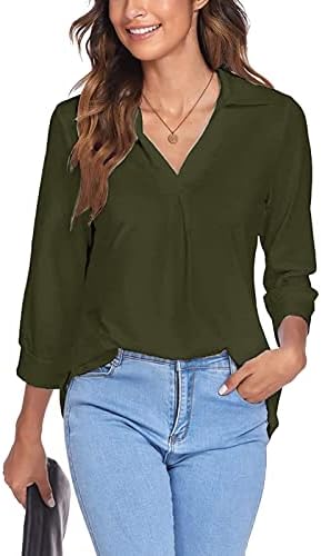 Tops femininos para a primavera e verão 2023 V pescoço 3/4 de manga camiseta de outono blusa sólida