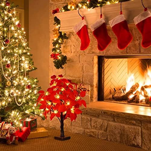 Dearhouse 23 polegadas iluminadas Poinsettia Flower Tree, Tree de árvore de árvore de natal de mesa de bateria para decoração de natal de férias para casa de natal, luzes brancas quentes