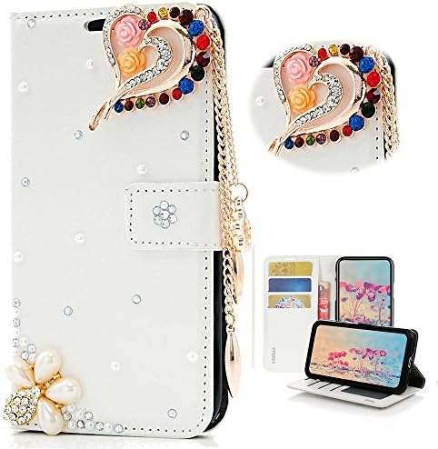 Caixa de carteira de Stenes Bling Compatível com Galaxy J8 - Elegante - 3D Flores de Coração de Cristal Madeir