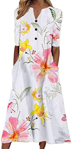 Vestido maxi para mulheres casuais manga curta V pescoço de verão impressão floral verão solto vestido longo com bolsos