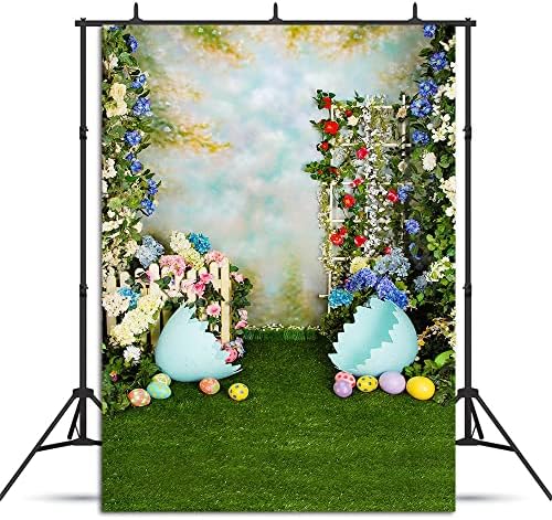 Cenário de páscoa da primavera para fotografia 5x7ft jardim cerca de flor verde grama ovos de páscoa foto de fundo