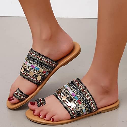 Flipers de verão para mulheres vintage estilo étnico metal lantejas decorativas slip-toe lâminas planas confortáveis