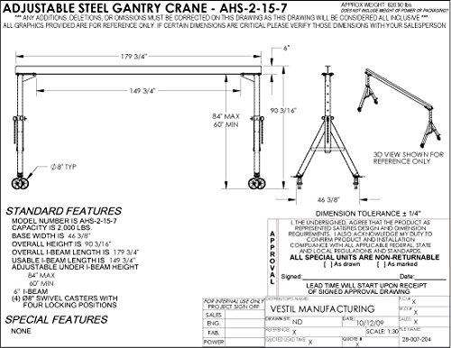 Vestil AHS-2-15-7 Crane de pórtico ajustável em aço, 2000 lb, 90.1875 altura, azul