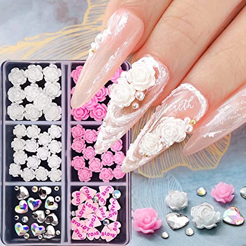 Runrayay Pink Flowers 3D Flores de unhas, diamantes de unhas para pregos de acrílico com strass em unhas de coração, jóias de unhas para mulheres decorações de unhas DIY