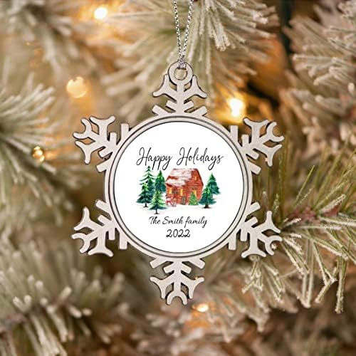 Pewter Snowflake Ornamentos de Natal Happy Holiday Custom Family Nome da família Camping Metal Ornamento de metal Decorações do país das maravilhas do inverno para a janela da árvore de Natal Casamento de festas de férias