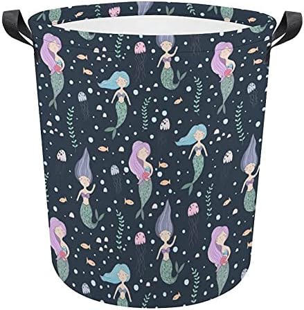 Mermaid Seaweed Wellyfish Laundry Bag com alças redondo cesto à prova d'água cesta de armazenamento dobrável 16,5 x 17,3 polegadas