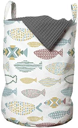 Bolsa de lavanderia de peixes de Ambesonne, arranjo geométrico Criaturas do mar listras triangles e pontos padrão rabiscos náuticos, cesto de cesto com alças fechamento de cordão para lavanderias, 13 x 19, multicolor