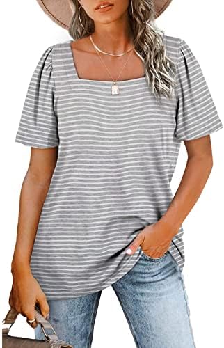 Tampos de pescoço quadrado lcepcy para mulheres casuais listradas blush de manga de puff larga camisetas de verão para usar com shorts