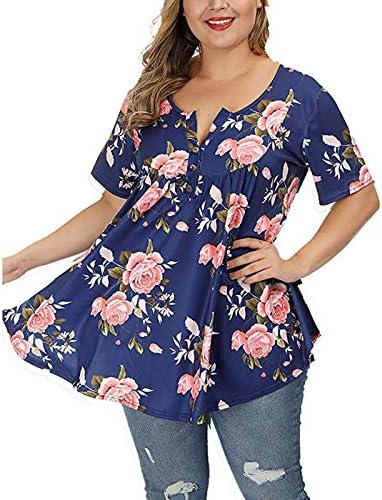 Tops de verão femininos, mulheres plus size mangas curtas henley o pescoço de blusa floral blusa t-shirt camiseta