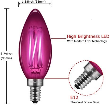 3pack rosa 6W LED Edison Lâmpadas Candelabra Base E12, forma de torpedo C35 diminuto, uso colorido de decoração