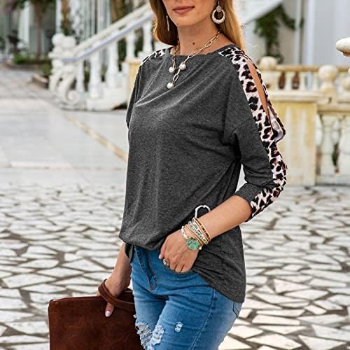 Zdfer feminino redondo pescoço de leopardo tampas casuais fora do ombro de manga longa camisetas de túnica