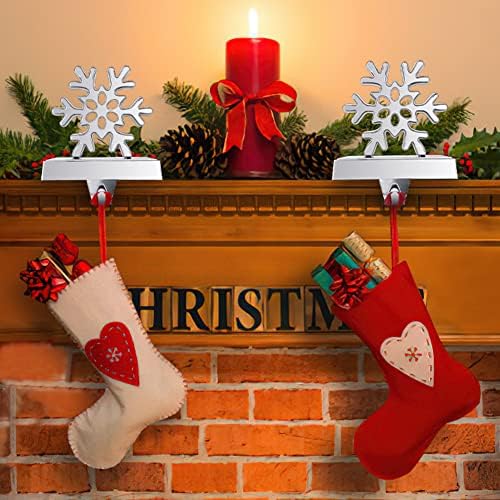 Snowflake Christmas Stocking, 2pcs 3d prata metal snowflake titores de meias, ganchos de meias de Natal glitter para lareira tv stand de natal decorações de férias de natal
