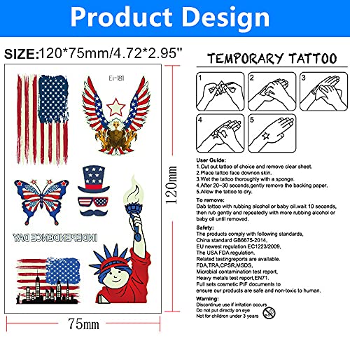 Mocossmy 4 de julho Tatuagens temporárias para crianças, 6 lençóis brilham na bandeira escura American Red Blue Design Patriótico Tattoo Fake USA Adesivos para o Dia da Independência Memorial Day Party Supplies