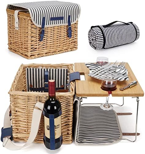 Cesta de piquenique de vime para kit de piquenique de 2 pessoas, Willow Horper Service Gift Set com mesa de vinho de bambu para acampamento e festa ao ar livre
