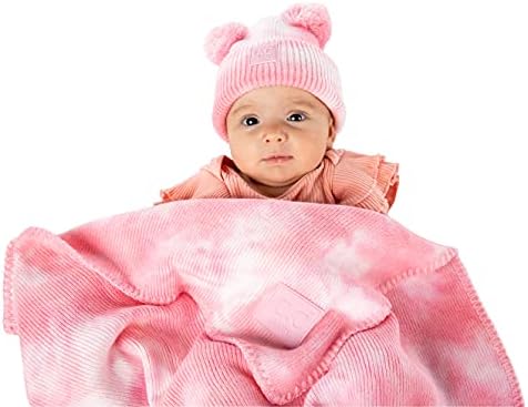 Funky Junque grande macio macio e leve bebê arremesso de arremesso com pacote de gorro correspondente para cama de criança, carrinhos de bebê, cochilos, creche pré -escolar - Tie Dye - Pom de casal - rosa pálido/branco