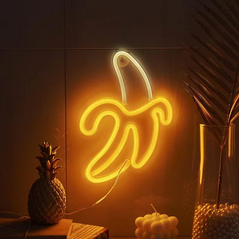Duotts ​​Banana Neon Sign, Banana Neon Sign 10.2 × 7.1 na placa de neon LED para decoração de parede, luz noturna para o dia da criança, festa de aniversário, sala de estar infantil, decoração de casa