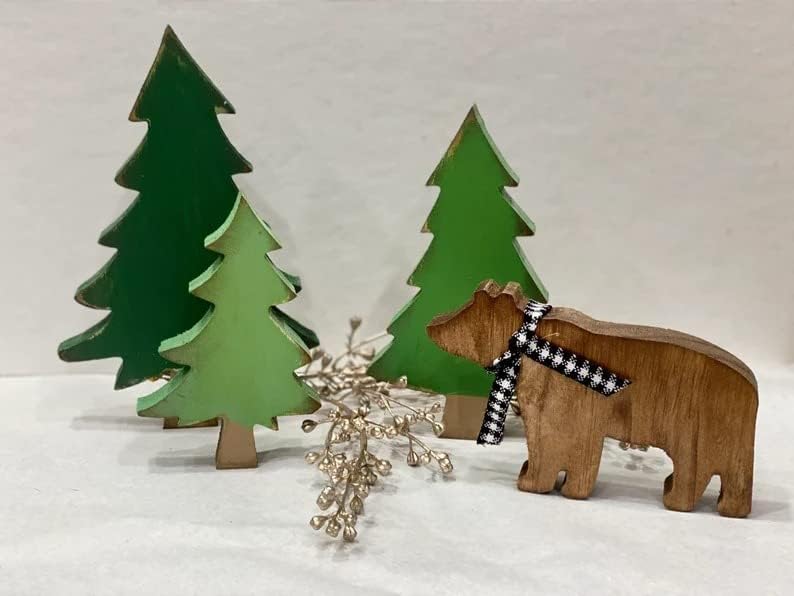 Árvores de Natal de madeira fofas, bandejas em camadas, mini -árvores, pinheiros, fogos, alojamento rústico, decoração de cabine, árvores verdes variadas