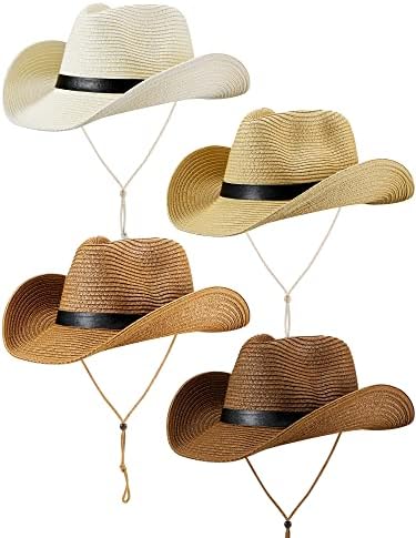 Giegxin 4 pcs verão de palha ocidental chapéu de cowboy para homens homens de palha de jardim chapéu de pesca para homens chapéu de vaqueira larga larga lareira