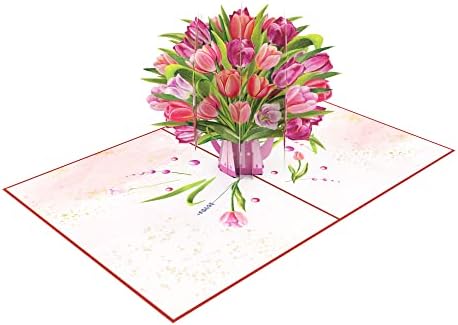 Rizosi Tulip Flower Basket Pop -up Card, cartões pop -up 3D feitos à mão para o dia das mães, dia dos namorados, casamento, aniversário, amor, romance, obrigado, simpatia, todas as ocasiões | 15x20 cm