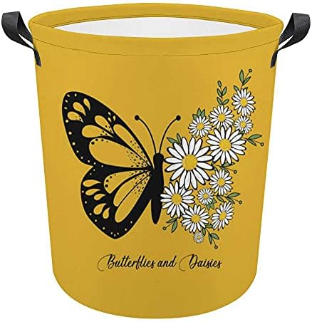 Cesta de lavanderia, cesto de lavanderia grande dobra com alças de borboletas flores de flores, cesto