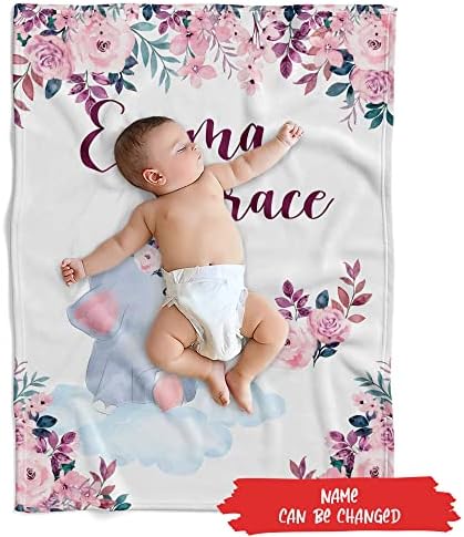 Cobertor de bebê personalizado para menina, cobertor de bebê de elefante, cobertor personalizado de lã, cobertor personalizado para menina, flor de flor de elefante de elefante rosa, cobertor de elefante bebê, cobertor de elefante