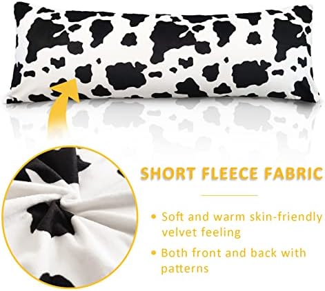 Tampa do travesseiro corporal 20x54 em curta travesseiro de lã de lã curto, travesseiro longo comprido com zíper, impressão de vaca branca preta