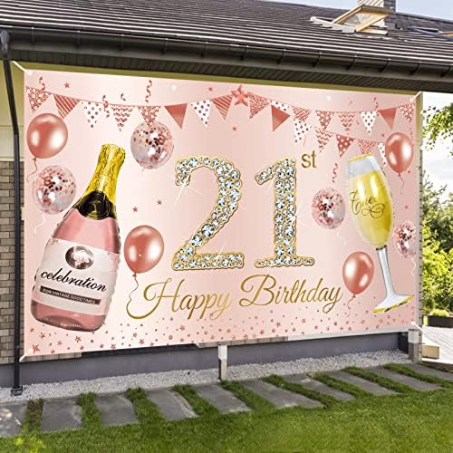 Feliz 21st Birthday Banner Benner Backdrop Decorações para ela, Pink Rose Gold 21st Birthday Background Party