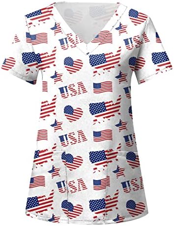 Camisas casuais femininas Dia da Independência para mulheres impressam camisas diárias de verão para tampas de pescoço feminino V American