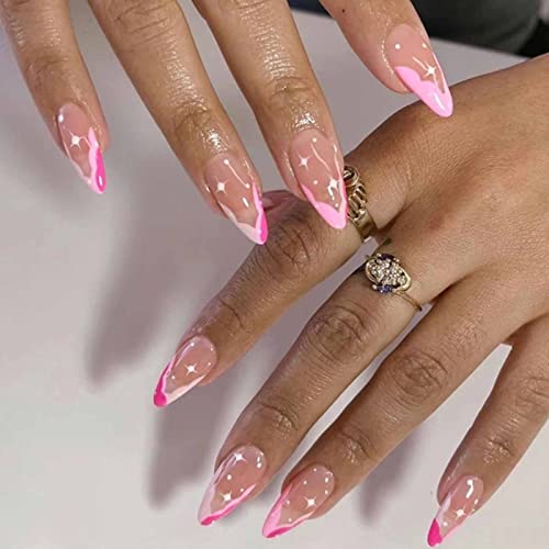 Kamize Almond Pink Fake Nails French Press On Nails Acrílico Média Capa Completa Falsa Falsa para Mulheres e Meninas24pcs