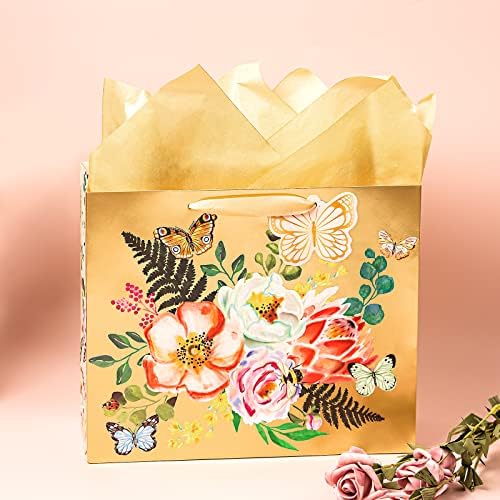 Maypluss 12,5 Bolsa de presente grande com papel de seda - Design floral de ouro com brilho de folha metálica