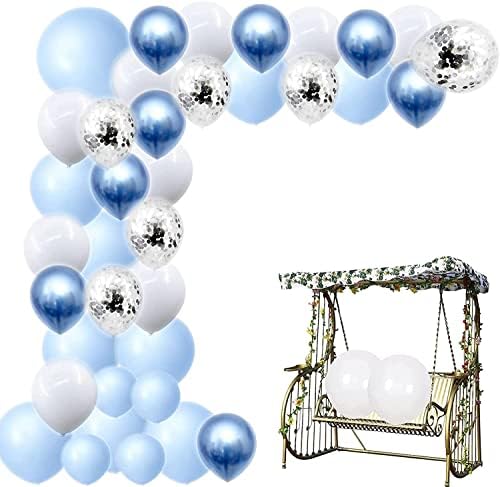 Kit de arco de guirlanda azul de 104pcs azul, balões azuis e brancos, balões de confete azul metálico e prata,
