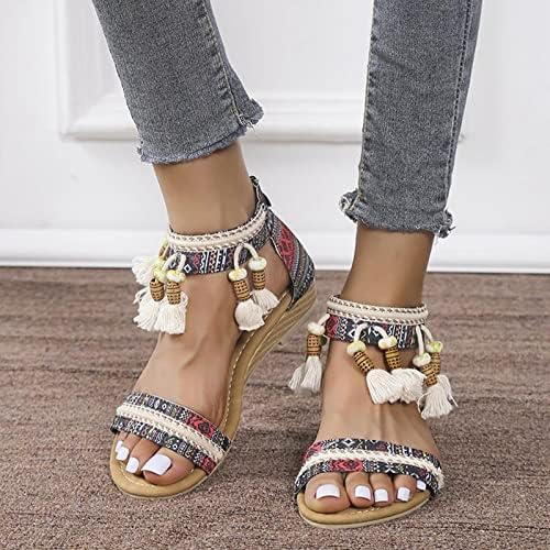 Sandálias de praia para mulheres boêmios étnicos sapatos romanos de volta zíper Sandálias Sandálias Slides de tira