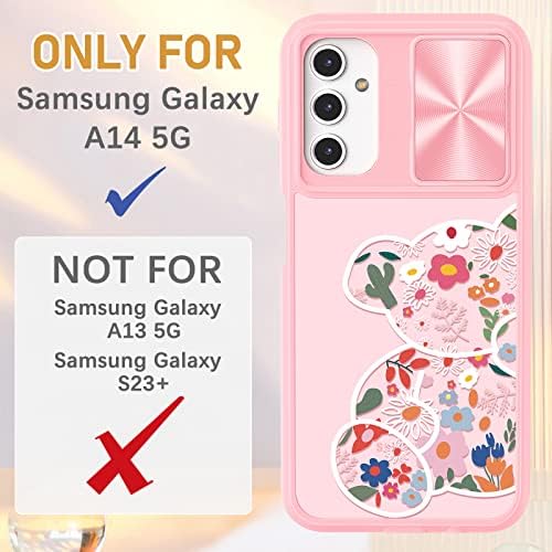 Plakill para a caixa do Samsung Galaxy A14 5G, estilista fofo Galaxy A14 5G Casos de telefone com tampa de câmera deslizante + porta -toque, urso floral urso de choque protetor de proteção
