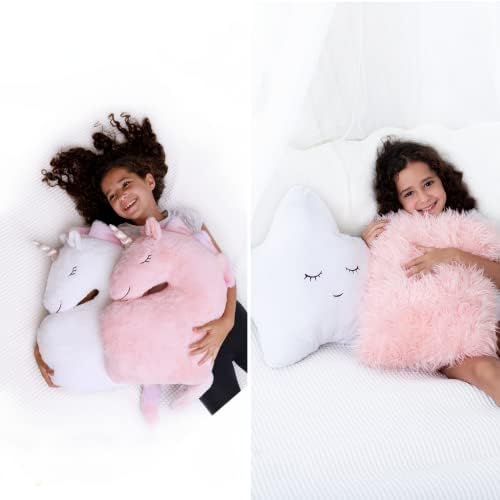 Pacote PerfectTo - 4 travesseiros decorativos para meninas - estrela branca e rosa peludo e dois travesseiros de unicórnio. Almofadas fofas fofas, travesseiros divertidos para a decoração do quarto infantil.