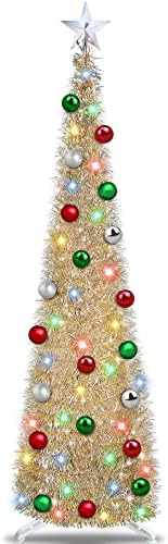 Turnmeon 6ft Glitter Letish Lápis Timer de decoração de árvore de Natal 30 bolas 80 Luzes coloridas Bateria de estrela, Bling Tinsel Pop Up Slim Christmas Tree Decor Home Indoor Outdoor
