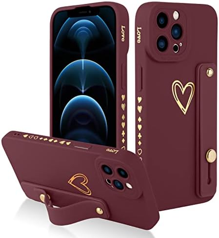 Fiyart projetado para iPhone 12 Pro Max Case com suporte para telefone fofo Love Hearts Protetive Camera Protection Cover com pulseira de pulso para mulheres meninas para iPhone 12 Pro Max 6.7 -wine Red