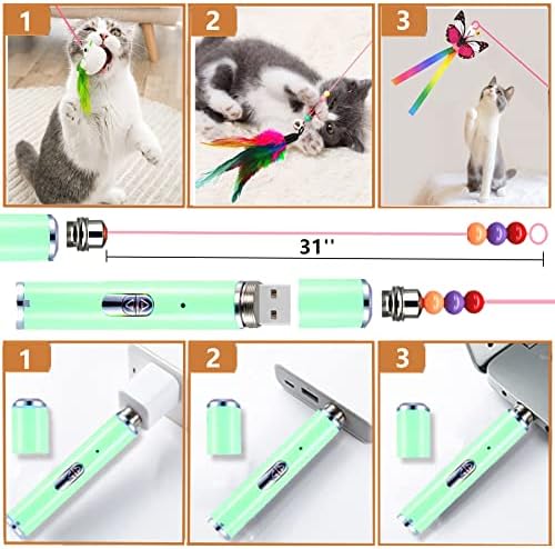 NSWXZDS 5 em 1 Toys de gatos interativos, 30 '' Flexible Cat Teaser Wand Feather Reabilita Bell, Fio de