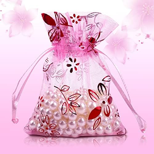 100 PCs Pink Organza Bags com flores bolsa de jóias 3,54 x 4,72 polegadas Bolsas de tule de tule de