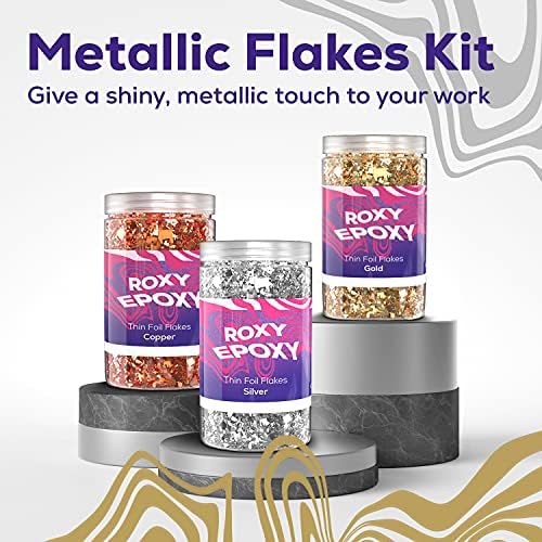 Roxy Epoxy Gold Silver Silver Copper Metallic Foil Flakes para artesanato e unhas DIY Arte - folhas douradas para artesanato, decorações e artes profissionais - 3 frascos 0,35 oz