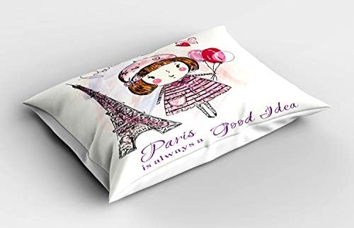 Ambesonne Paris Pillow Sham, garotinha segurando os corações de balões uma ilustração de nuvem e torre Eiffel, travesseiro de tamanhos padrão decorativos, 26 x 20, pálido rosa roxo branco